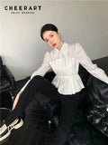 Fake 2 Piece Puff Sleeve Peplum Top Satin Blouse White Designer Shirt For Women Long Sleeve Top Korean Fashion