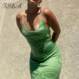 2021 Print Knit Bodycon Dress Women Green Summer Hollow Out Sexy Sleeveless Spaghetti Strap Beach Midi Dresses