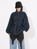 2025 New Fashion Retro Niche Design Sense Washed Waist Show Skinny Denim Coat Women's Long-Sleeved