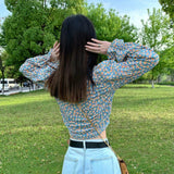 Women Ins Floral Summer Trendy Sexy Femme Crop Top Lace-up All-match Daily Soft Womens Shirts Puff-sleeve Vintage