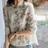 2025 New Chinese Style Improved Cheongsam Peach Shirt Retro Buckle Long-Sleeved Printed Shirt