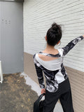 Autumn Patchwork Long Sleeve Women Top And Blouse Cut Out Designer Top Floral Knitted Blouse Fall 2021 Fashion