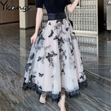 Butterfly Embroidery Wide Lace Up Waist Slimming Tulle Skirt Women High Waist Lace Splicing Mesh Pleated Skirt Korean