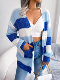 Shooting Autumn And Winter Hit Striped Striped Lantern Sleeve Casual Cardigan Sweater Coat Women's