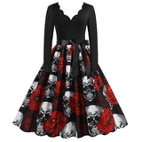 Midi Women Halloween Dress Autumn Winter Vintage Printed V-Neck Long Sleeve Swing Party Festival Sundress S~3XL