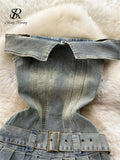 Off the Shoulder Sexy Denim Dress 2023 Strapless Sashes Patchwork Bodycon Dress Ladies Ins Streetwear Short