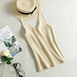 Hook Flower Lace Tank solid Stitching V-neck Camis Female Knitted Short Slim Sleeveless Shirt Tank Casual