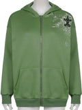Y2K Print Green Women Hoodies Oversized 2022 Autumn Winter Zip Up Hoodie Vintage Casual Long Sleeve Hooded