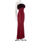 Strapless Red Feather Mesh Maxi Dress- Outfit