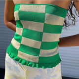 2022 Plaid Print Sexy Tank Top Women Summer Sleeveless Ruffles Off Shoulder Green Knitted Y2k Crop Tops Casual