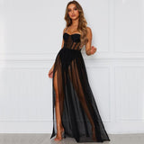 Women Black White High Split Long Maxi Evening Party Dresses 2022 Summer Sexy Spaghetti Strap Hollow Out Mesh Night Club