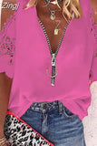 Lace Zipper Blouse Hollow Out Short Sleeve Women V-neck 5XL Casual Fashion Shirt Lady Loose Sexy Elegant Tops Mujer