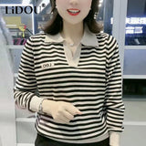 Winter Oversized Polo-neck Striped Casual Fashion T-shirt Lady Long Sleeve All-match Pullover Top Women Popularity