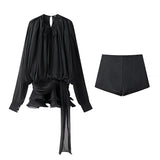 Folding Ribbon Design Loose Waist Mini Dress Shorts Set 2025 Spring And Summer Street Fashion
