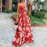 Spot 2025 Women's Fashion Holiday Wind Strap Top Print Flounce Skirt Two-Piece