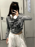 Pleated Grunge Tee Shirts Femme Slim Fit Y2k Aesthetic Letter Print Long Sleeve Cropped Top Women Fashion All Match