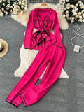 Fashion Sweater Two Pieces Sets Ladies Long Sleeve Knit Cardigan+Wide Leg Long Pant Sets Women OL Loose Knitted