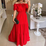 Spot 2025 Spring New Women's Fashion One-Line Shoulder Short Sleeve Large Place Long