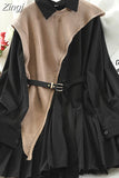 2 Piece Set shirt Dress For Women Streetwear Pleated Midi Dress Irregular Knitted Vest Long sleeve Shirts 2023 Spring