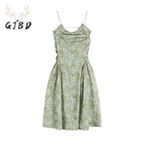 Green Straps Dress Vintage Broken Flowers Folds Sleeveless High Waist French Sexy Fashion Baggy Long Skirt Ladies