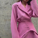 Zingj Spring 2024 New French Design Sense Pink Waist Seal Set Long Sleeve Loose Waist Jacket Women's Wear-Outfit