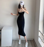 Winter Base Solid Color Tight Elastic Stitching Low Chest Sexy Holiday Slim Hip Show Thin Long Pencil Dresses Dress