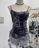 Solid Shooting Wasteland Style Personality Letter Tie-Dye Printing Mesh Sling Sling Babes Irregular Tuxedo Small Vest