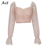 Polka Dot Blouse Women Mesh Shirts Pink Tops Sweet Neckline Lantern Sleeve Ruched Blouse White Blusas Vintage
