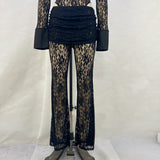 Zingj Sexy Lace Stitching Deep V Long Sleeve Top Slim See-Through High Waist Bell Bottoms Women's