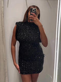 Shiny Sequin Mini Dress Women Elegant High Waist Slim A-line Dresses 2024 New Female Party Club