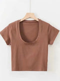 Zingj Solid Color Slim Sexy Female Short Sleeve U Collar T Shirt Basic Korean Version Short Jacket Ebay-Outfit