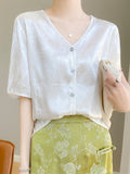 Chinese Style Simple T-Shirt Women's V-Collar 2024 Summer Loose Large-Size Short-Sleeved Shirt Dark Flower