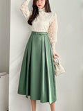 2022 Solid Spring Women Skirts High Waist Sweet Girl's Pleated Skirt Fashion Sashes Knee-length Thin Skirts for Women