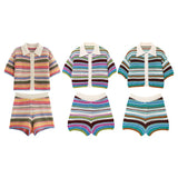 Women's 2025 New Crochet POLO Shirt Collar Striped Crochet Shorts