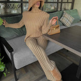 2021 Autumn Winter Long Sleeve Sweater Top Green And Pants Knitted Casual Women Two Piece Set Khaki Fashion