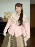 Pink Jacquard Bow Knitted Cardigan- Outfit