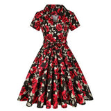 Summer Cotton Vintage Midi Party Dress Short Sleeve 4XL Robe Femme Swing 1950s Retro Floral Print Green Rockabilly