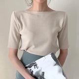 Knit T-Shirt Women Femme O-Neck Korean Style Office Lady Summer Top Basic