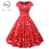 Print Vintage Christmas Dress Women Winter Big Swing Elegant Short Sleeve V Neck Sexy New Year Party