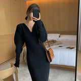 Long White Knitting Dress Women Winter V-Neck Long Sleeve Bodycon Dress Korean Office Lady High Waist Vintage Dress