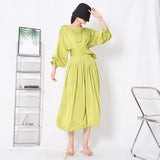 Romantic Green Pleated Dress Spring 2025 New Round Collar Long Sleeve Waist Show Thin Flounces