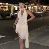 White Halter Deep V Neck Backless Mini Dress- Outfit