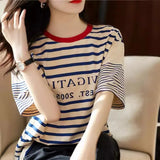 Version Of Loose Good-Looking Youth-Down Navy Blouse Woman! Letters Printed Short-Sleeved Cotton Striped
