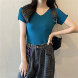 Summer Short Sleeve Korean Style Sweater V-Neck Knitted Pullover Women Sweaters Basic Thin Tops Pull Femme Jumper