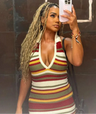 Knitted Stripe Halter Collar Mini Dress- Outfit