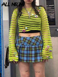 E-girl Grunge Streetwear Green Striped Crop Tops Women Vintage Y2K Aesthetics Patchwork O-neck Long Sleeve Pullovers