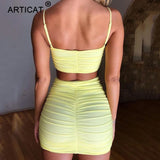 Spaghetti Strap Two Piece Dress Women Ruched Pleated Bodycon Dress Short Strapless Summer Casual Party Dress