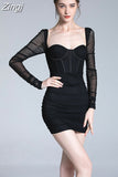 Sleeve Bodycon Dress Halter Boning Corset Dress Sexy Mesh Evening Night Club Party Dress Mini Autumn Dress Women 2023