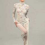 Sexy Pure Net Yarn Hollow Flowers Thin Jumpsuit Girl Body