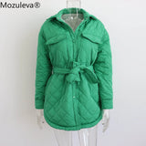 plaid Quilted Jacket Women Loose Thin Puffer Parkas Coat Vintage Belted Outwear Autumn Winter Ladies Oversize
